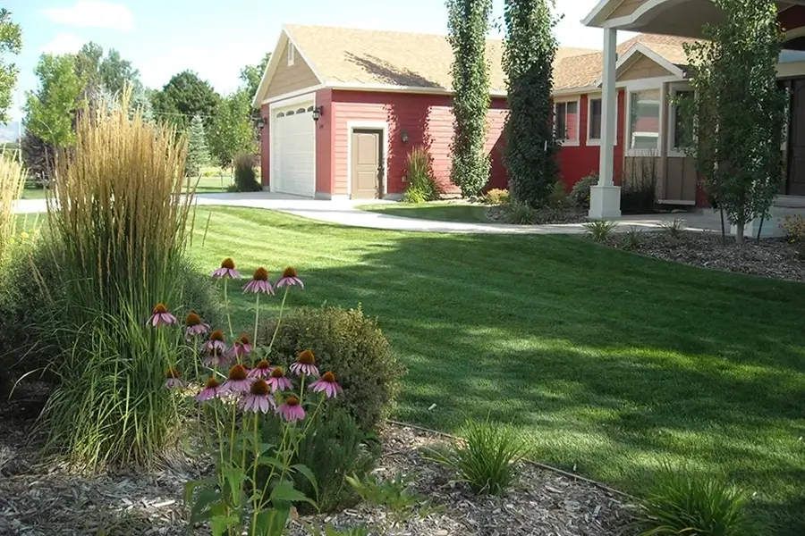a well-tended front yard with lush lawn and folliage